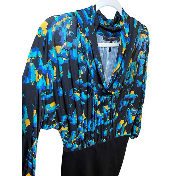 BCBGMaxazria Women 6 Abstract Paint Blue Blouson Dress Cowl‎ Neck Business - Picture 6 of 14